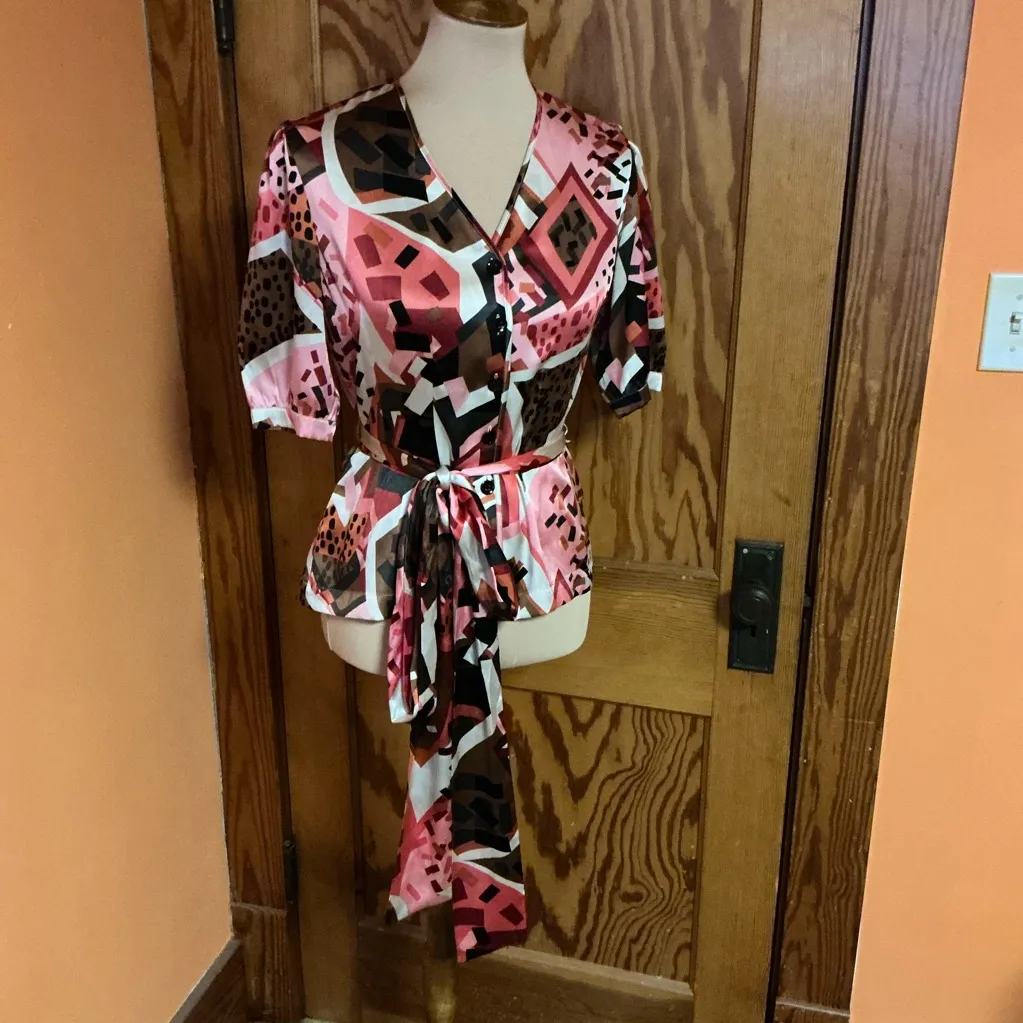 Vtg Y2K Etcetera op art silk belted blouse - Image 8
