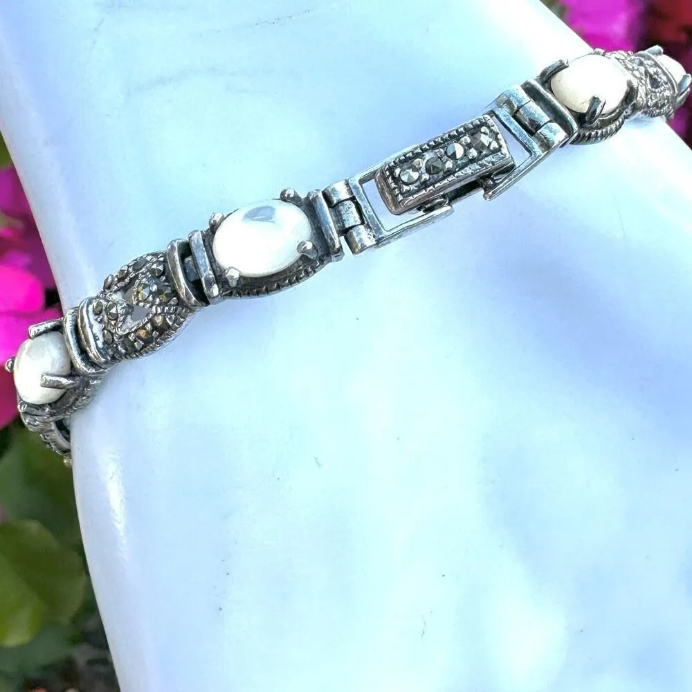 925 Sterling Silver Mother Of Pearl And Marcasite vintage Bracelet - Image 4
