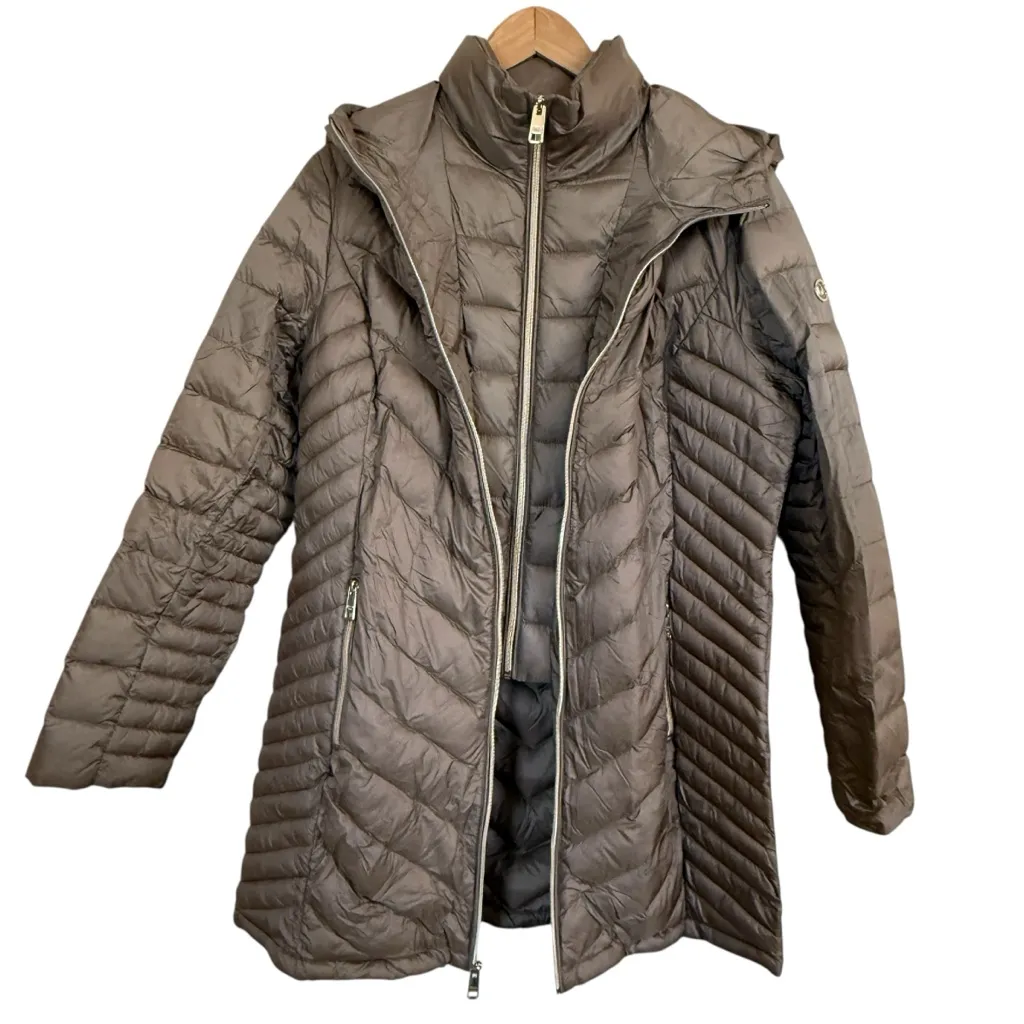 MICHAEL Michael Kors Hooded Packable Puffer Coat Size Large Color Taupe Tan - Image 1