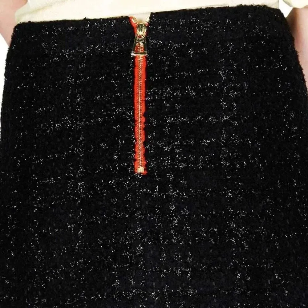 SAIL TO SABLE | Seasonal Black Wool Tweed Skirt Fringe Red Exposed Zipper | 6 - Image 5