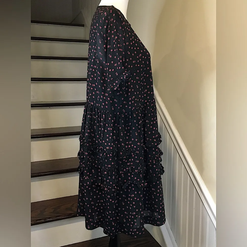 TOPSHOP Black Dress w Rose Pattern Puff Sleeve Open Ladder Accent Sz 8 NWOT - Image 11