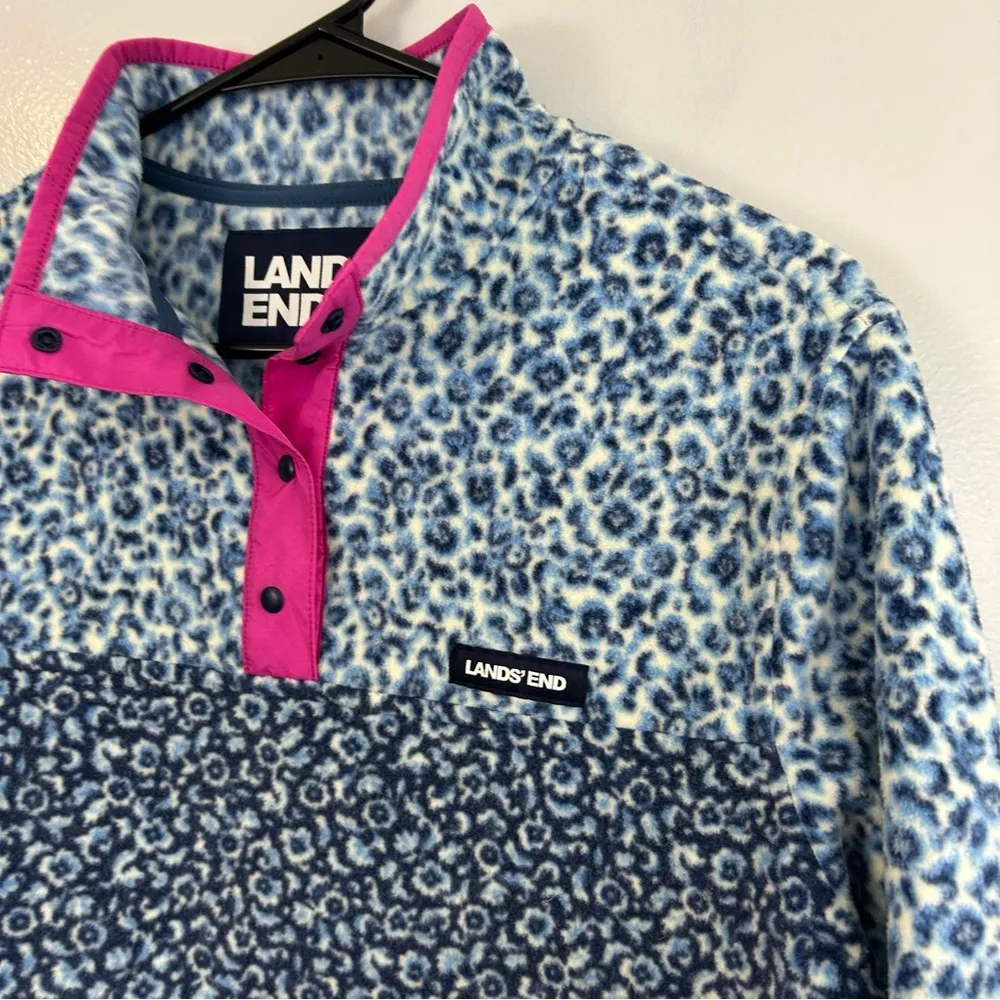 NWT Lands End Heritage Blue/Pink Leopard Print Snap Pullover Size Medium Blue - Image 6