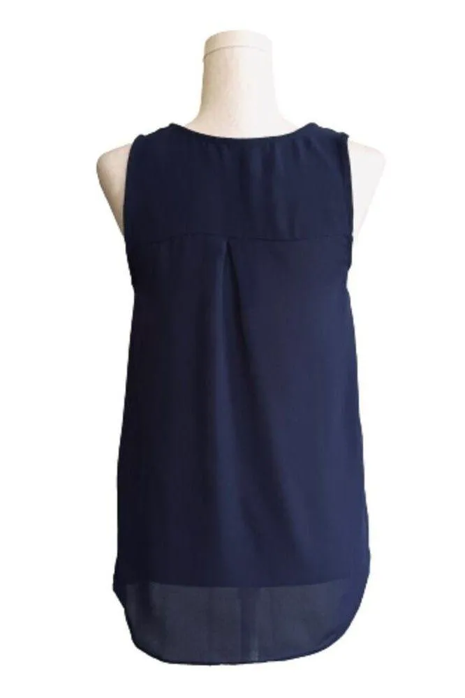 Harve Benard Blouse Navy Scoop V-Neck Keyhole Sleeveless Top Blouse Small NEW - Image 4