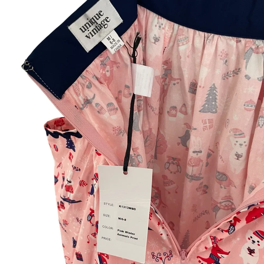 Unique Vintage Christmas Print Full Swing Skirt Cotton Pockets Winter Penguin - Image 5