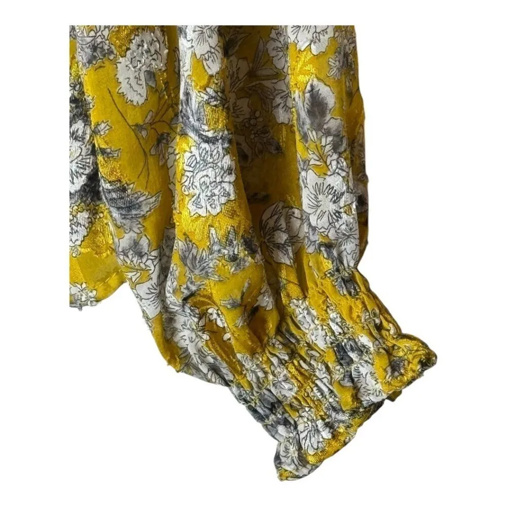 Zara Shirt Women Small‎ Yellow Floral Print Jacquard Ruffle Front Blouse Boho - Image 6