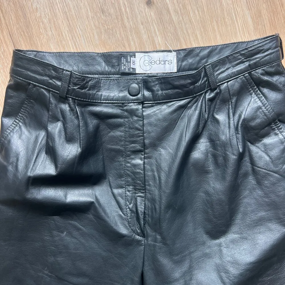 Vintage Cedars High Rise Black Leather Pleated Trousers Tapered Pants Sz 10 - Image 2