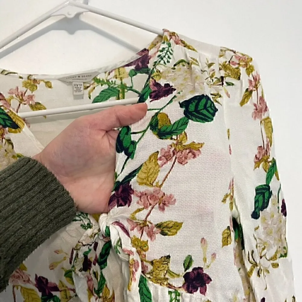 LUCKY BRAND Malia Peasant Top White Green Floral V-Neck Cutout Tie Long Sleeve - Image 5