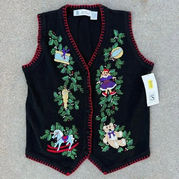 Vintage Y2K Ugly Christmas Black Sweater Vest Nordic Horse Drum Doll Bear NWT M Size M - Image 1