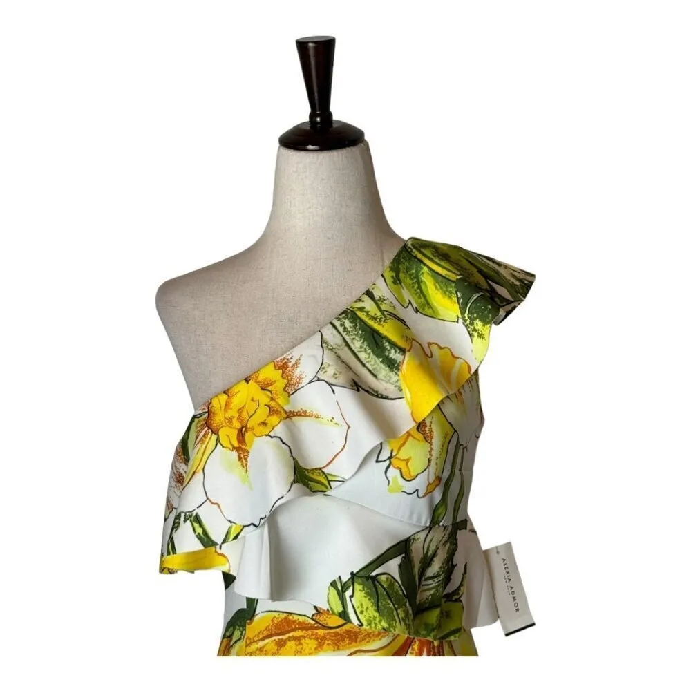 Alexia Admor Dress Women 2 Yellow White Floral One Shoulder Ruffle‎ Sheath Mini - Image 4