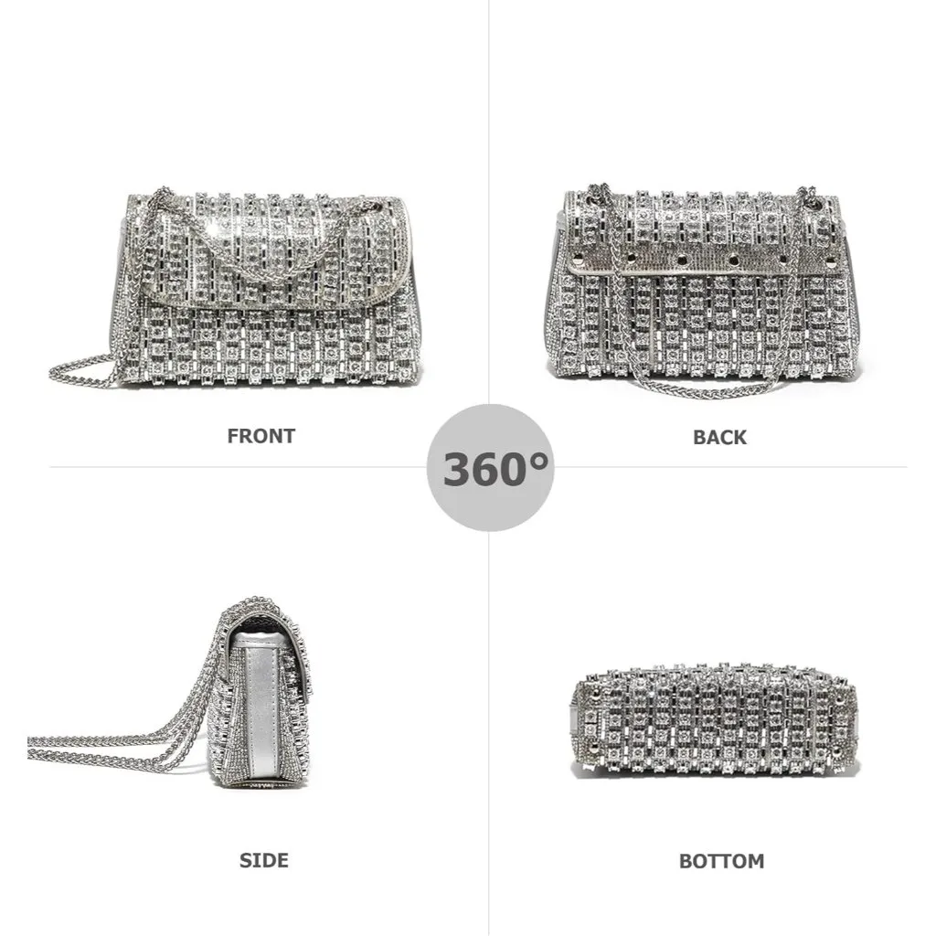 ⚡ Women's Rhinestones Silver Chain Shoulder Sparkly Cocktail Clutch Party Bag - Image 6