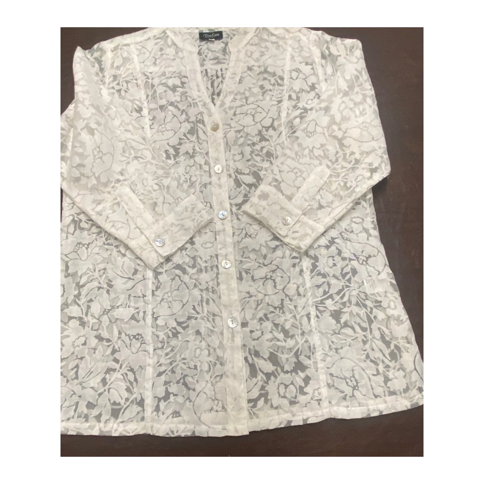 White Unconventional Lace Sheer Tunic w/ Mother of Pearl Buttons (M) Linen Blend Size M - Image 10