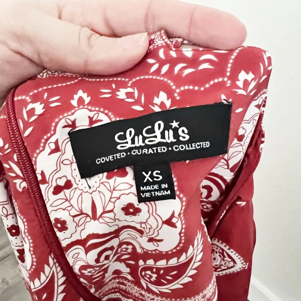 [Lulu's] Respeito Rust Red Printed Midi Dress Side Slits High Neck Halter Sz XS - Image 7