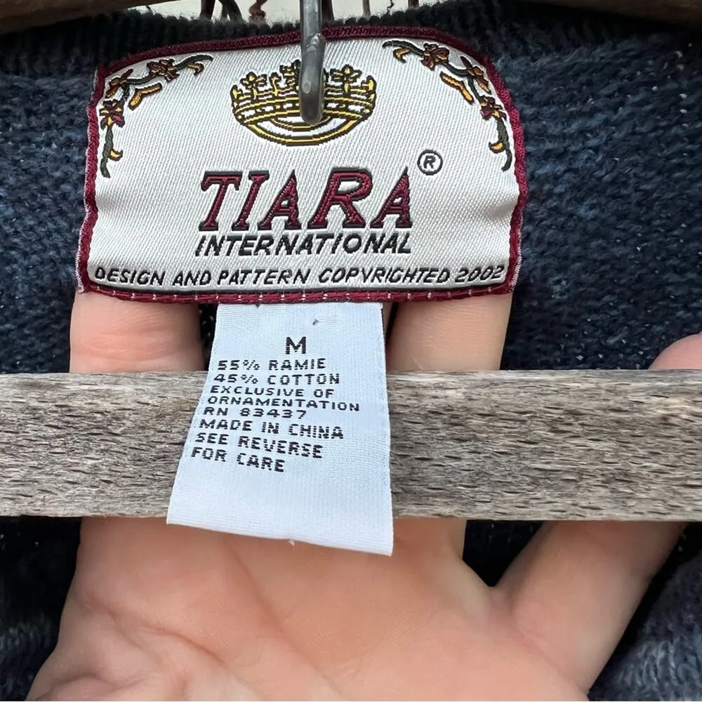 Vintage Y2K Tiara Ugly Christmas Winter Cardigan Sweater Patch Sampler Blue MED - Image 6