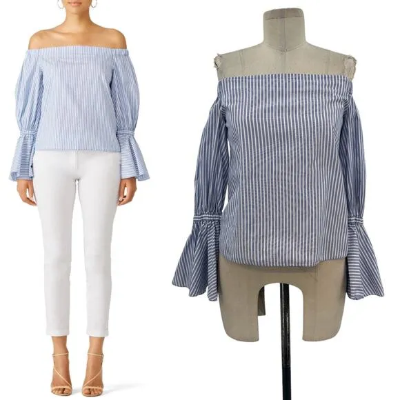 Alexis Juniper Top Blouse Shirt Off the Shoulder Bell Sleeve Stripe Blue Size XS - Image 2