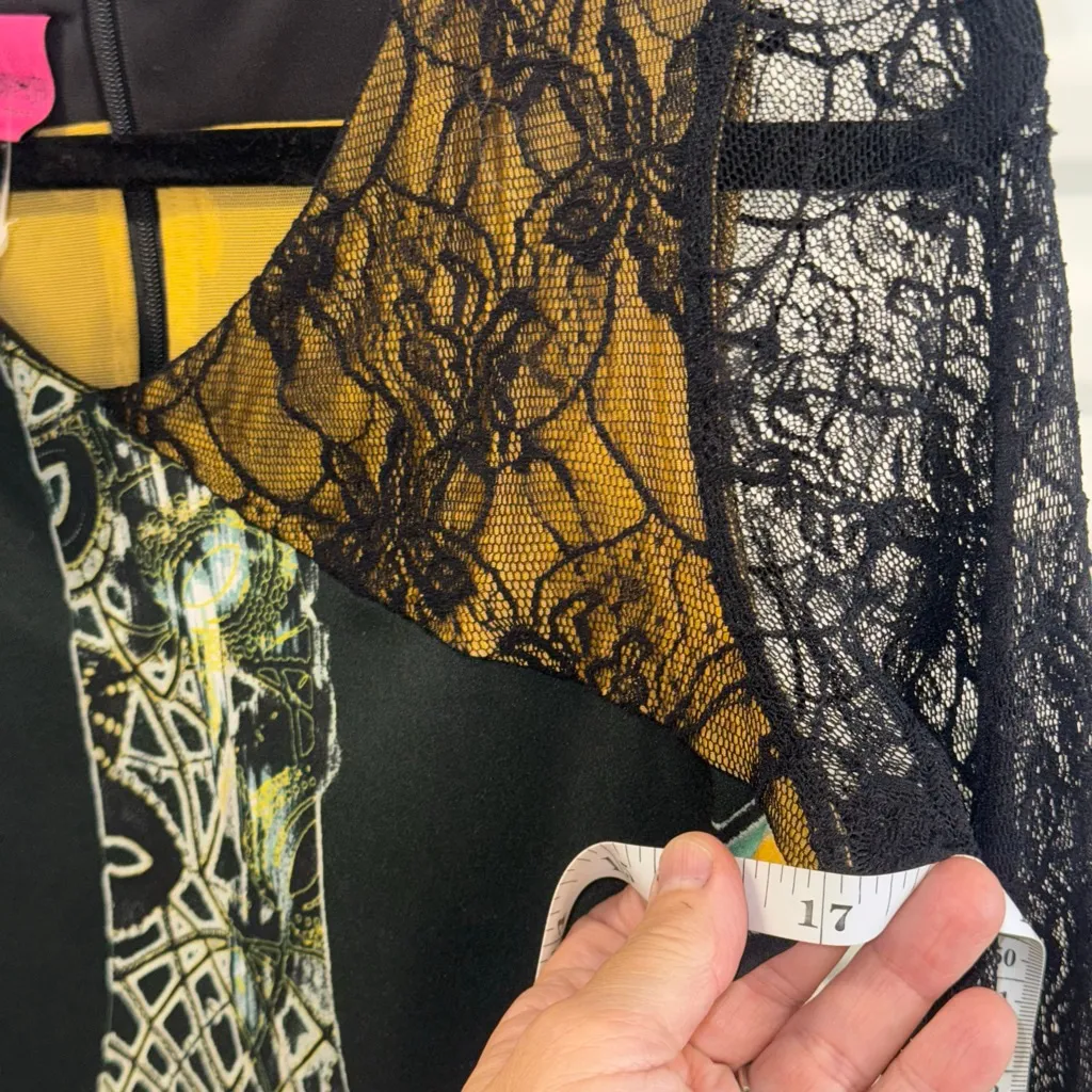 Women's Save The Queen! Black Yellow Abstract Lace Long Sleeve Dress S - Image 5