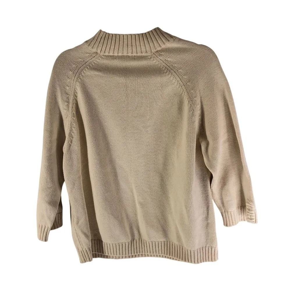 Lands End Womens Sweater Chunky Knit Cotton Mock Neck 3/4 Sleeve Yellow XL - Image 2