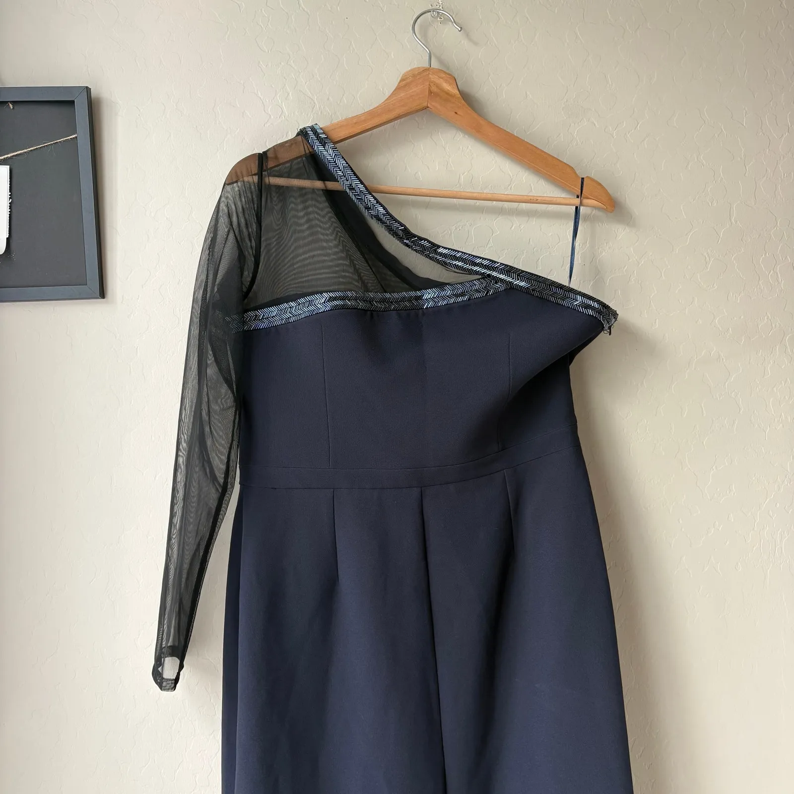 Safiyaa Dress Navy Blue Beaded Mesh One Shoulder Cocktail Evening Gown Size 12 - Image 6