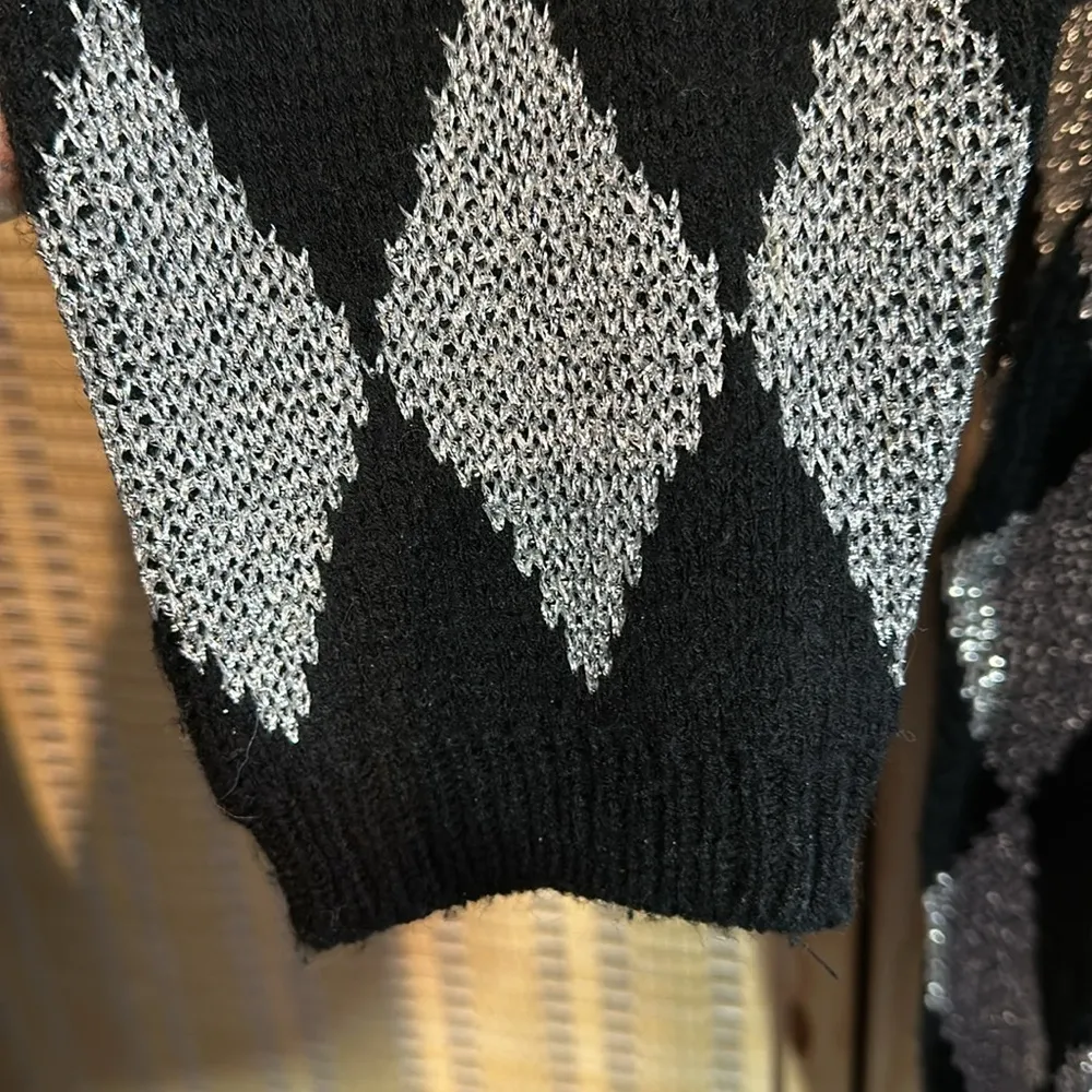 Silvercord Vintage 1990s Black Silver Diamond Pattern Turtleneck Sweater Large - Image 10