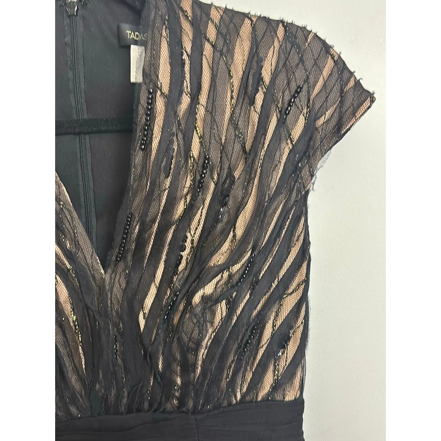 Tadashi Shoji Dress Womens 4 Black Nude Beaded Mesh V-Neck Cap Sleeve Sheath - Image 3