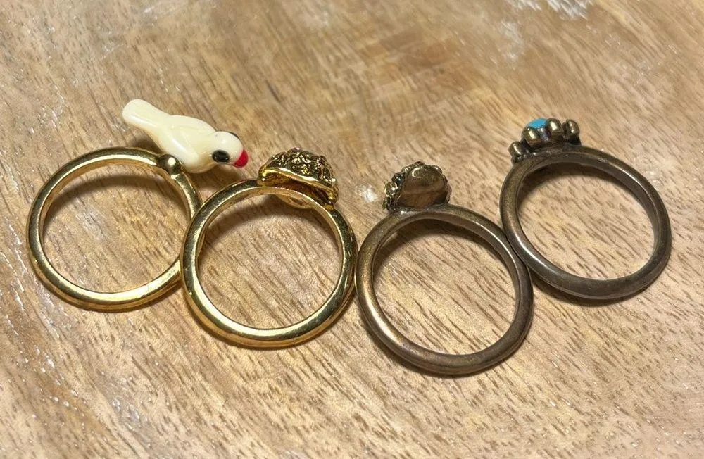 Betsey Johnson Bird, Heart, Skull & Turquoise Flower Ring Set RARE - Image 7