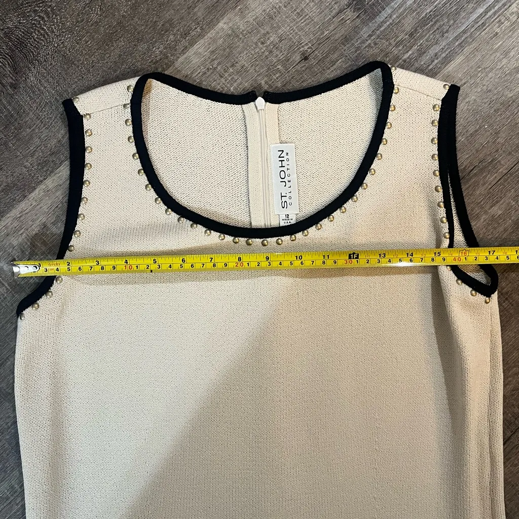 ST JOHN by Marie Grey Knit Studded Crew Neck Sheath Dress - Image 5