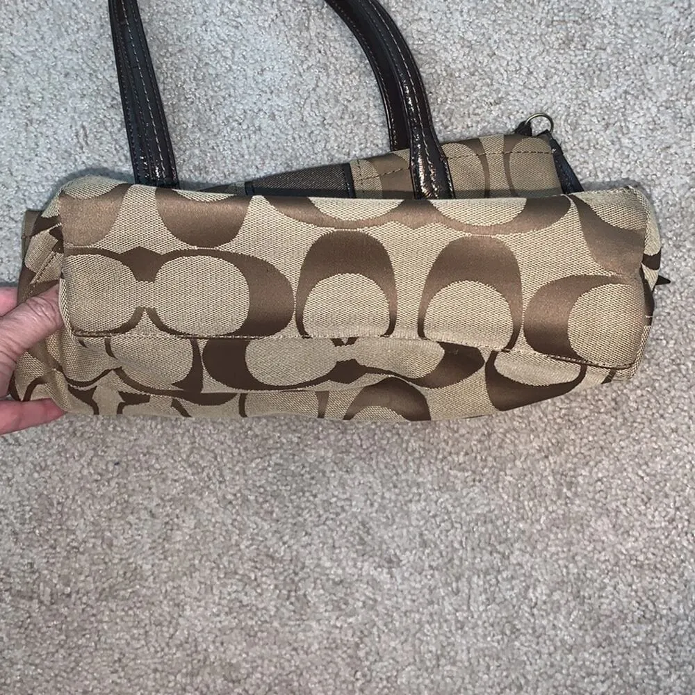 Coach Signature Canvas Jacquard Slim Shoulder Stripe Tote Bag Tan and Brown - Image 10