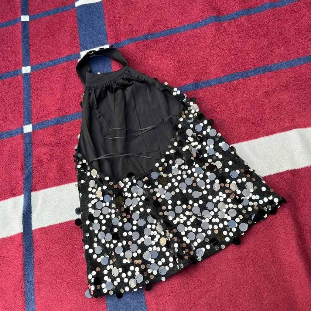 Ramy Brook Bri halter black sequins high neck top Festive Holiday blouse - Image 2