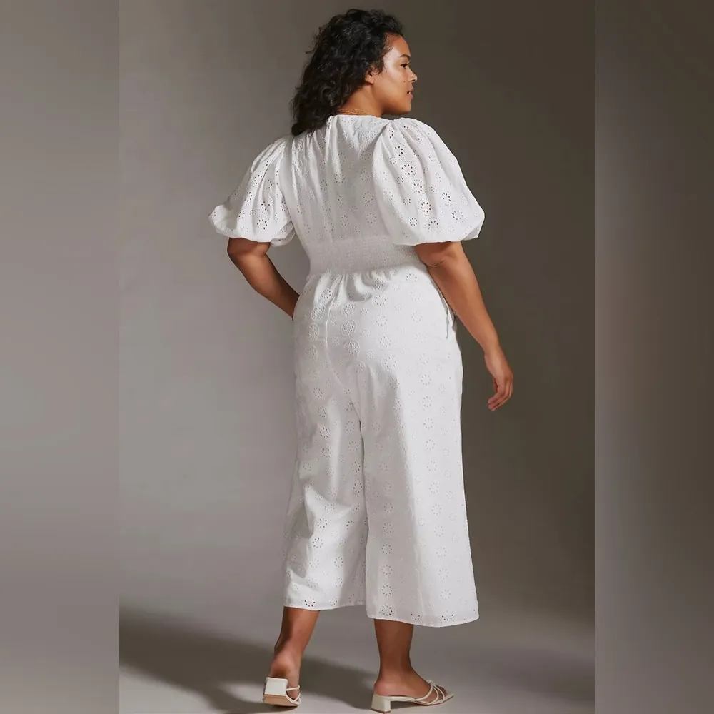 Hutch Anthropologie  White Puff Sleeved Smocked-Waist Eyelet Jumpsuit, XL - Image 2