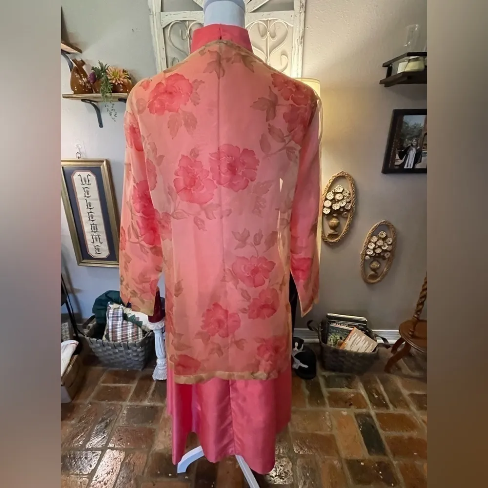 Vintage custom made sheath dress with floral, beaded chiffon jacket. Pink Size L - Image 13