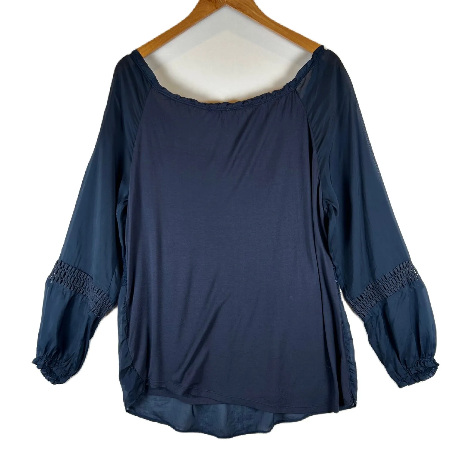 Sundance Crochet Trim Blouse Top Women's Medium Blue‎ Long Sleeve Square Neck - Image 2