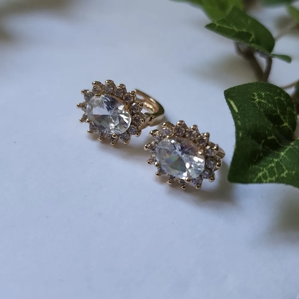 Gold with Clear Cubic Zirconia Oval Huggie Earrings - Image 2