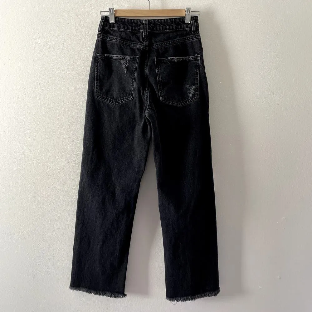 Free People Jeans Womens 27 Black Distressed Raw Hem High Rise Straight Leg - Image 2