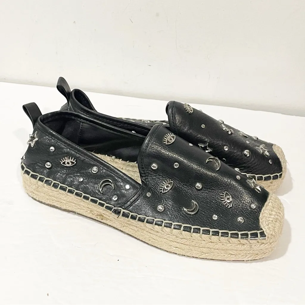 Rebecca Minkoff Size 6.5 Black Leather Moon & Stars Charm‎ Beatriz Espadrilles - Image 3