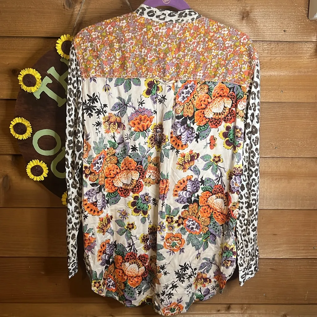 Pilcro Anthropologie Leopard Floral Mix Media Button Oversize Shirt Slouchy Boho - Image 7