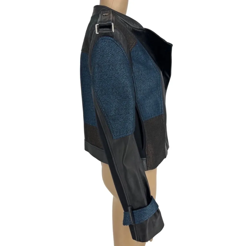 BCBG Max Azria Patchwork Color Block Leather Moto Jacket Black Blue Womens XS - Image 3