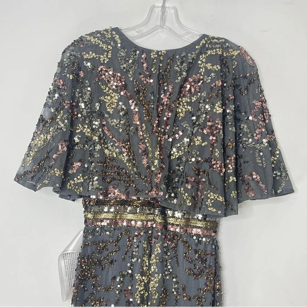 Mac Duggal 5439 Short Cape Flutter Sleeve Sequined Gown in Charcoal, Size 4 - Image 3