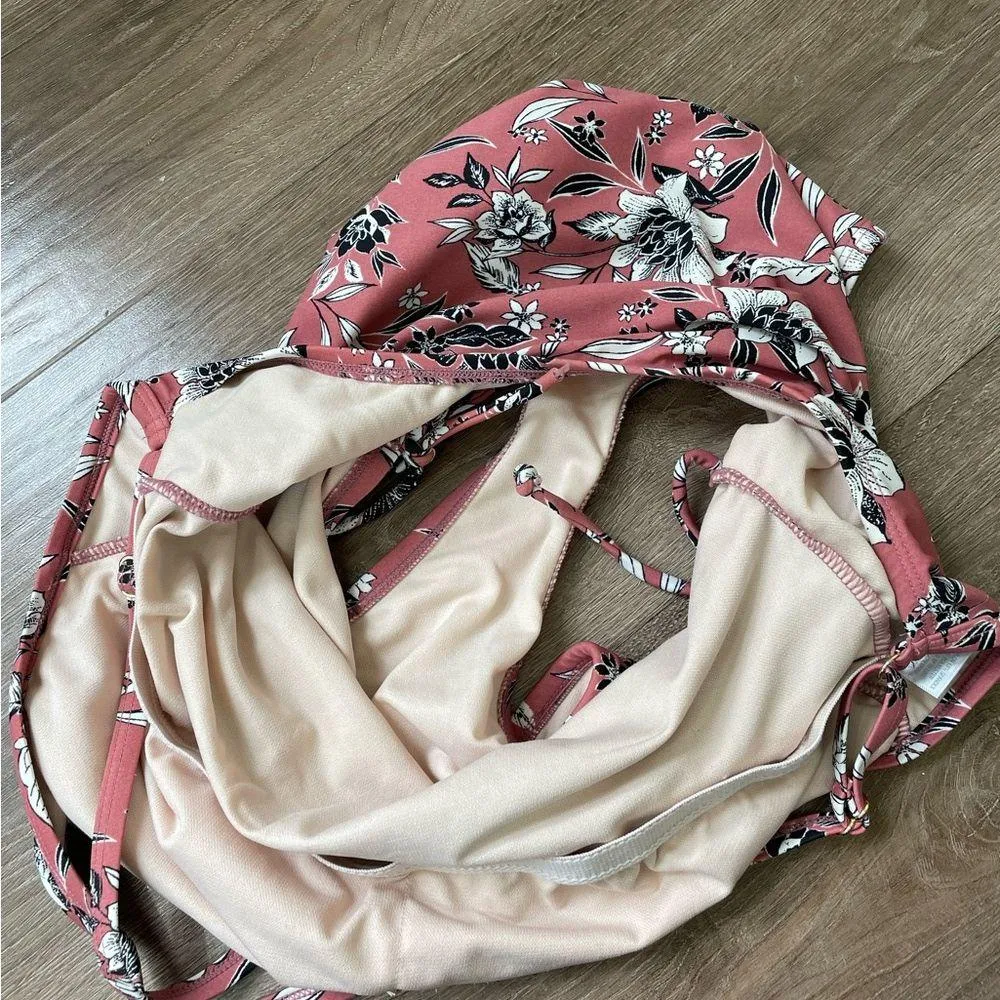 Kona Sol Medium Coverage One Piece Swimsuit Tie Sides Floral Pink Dusty Rose ~ M - Image 10