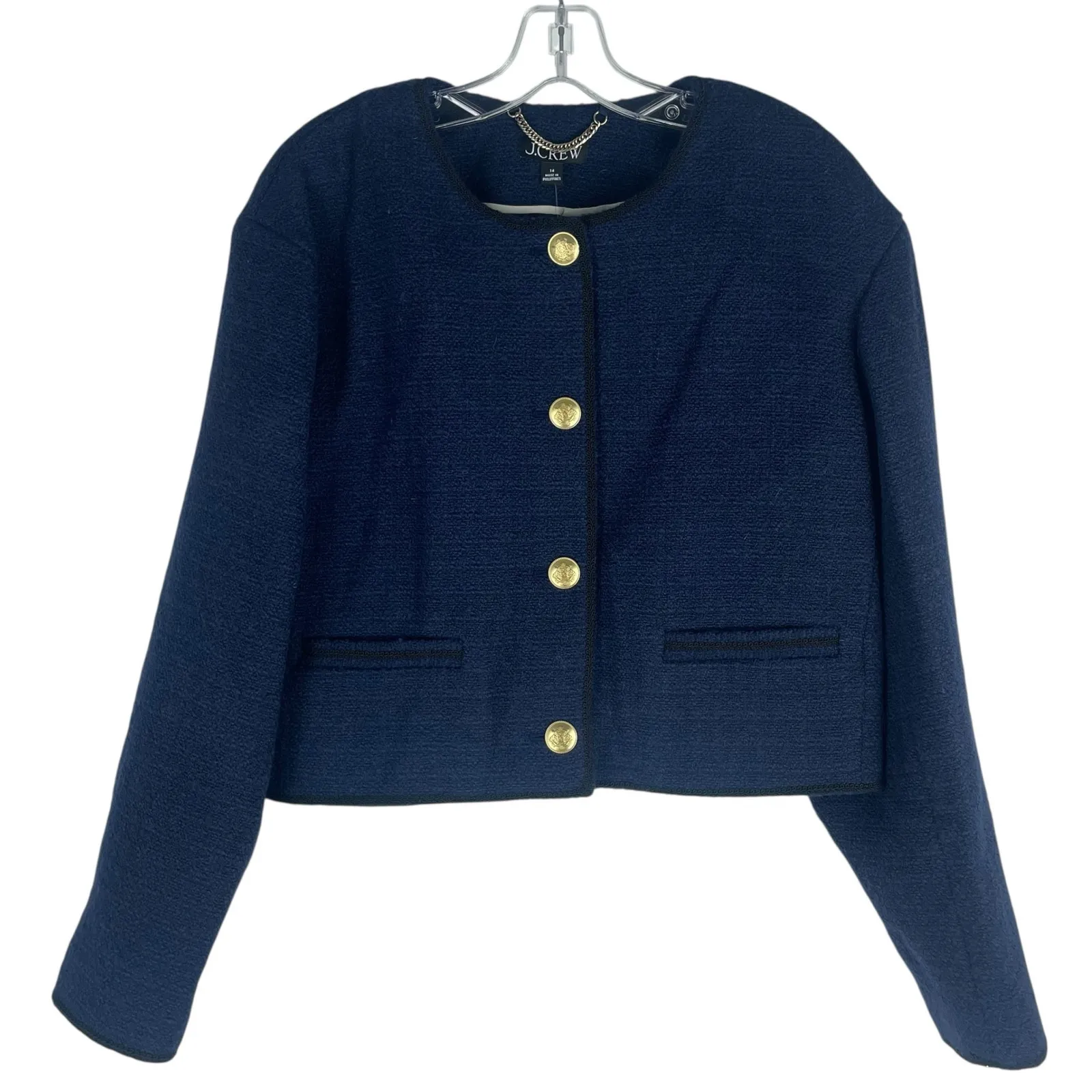 J.Crew  Tweed Bomber Lady Jacket Wool Blend Navy Gold Button Size 14 - Image 6