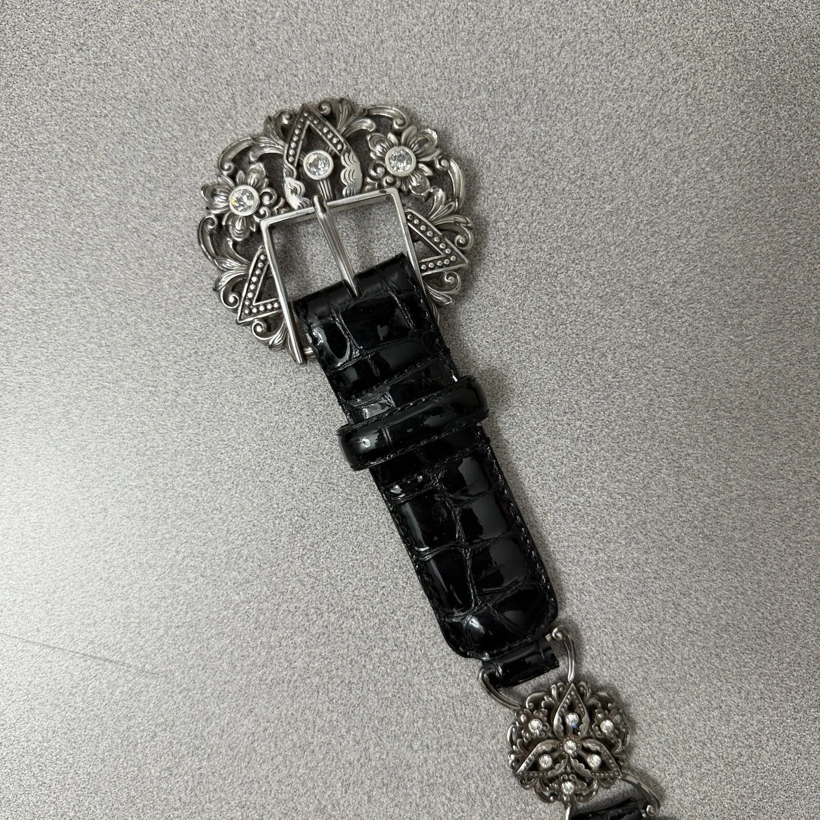 Brighton Leather Belt Womens 30 Black Croc Embossed Ornate Buckle Rhinestones - Image 2