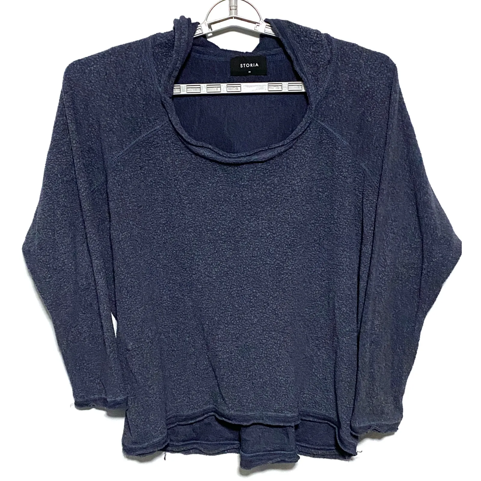 Storia Navy Blue Cowl Neck Pullover Crop Top Womens M Terry Cloth Soft Lagenlook - Image 2