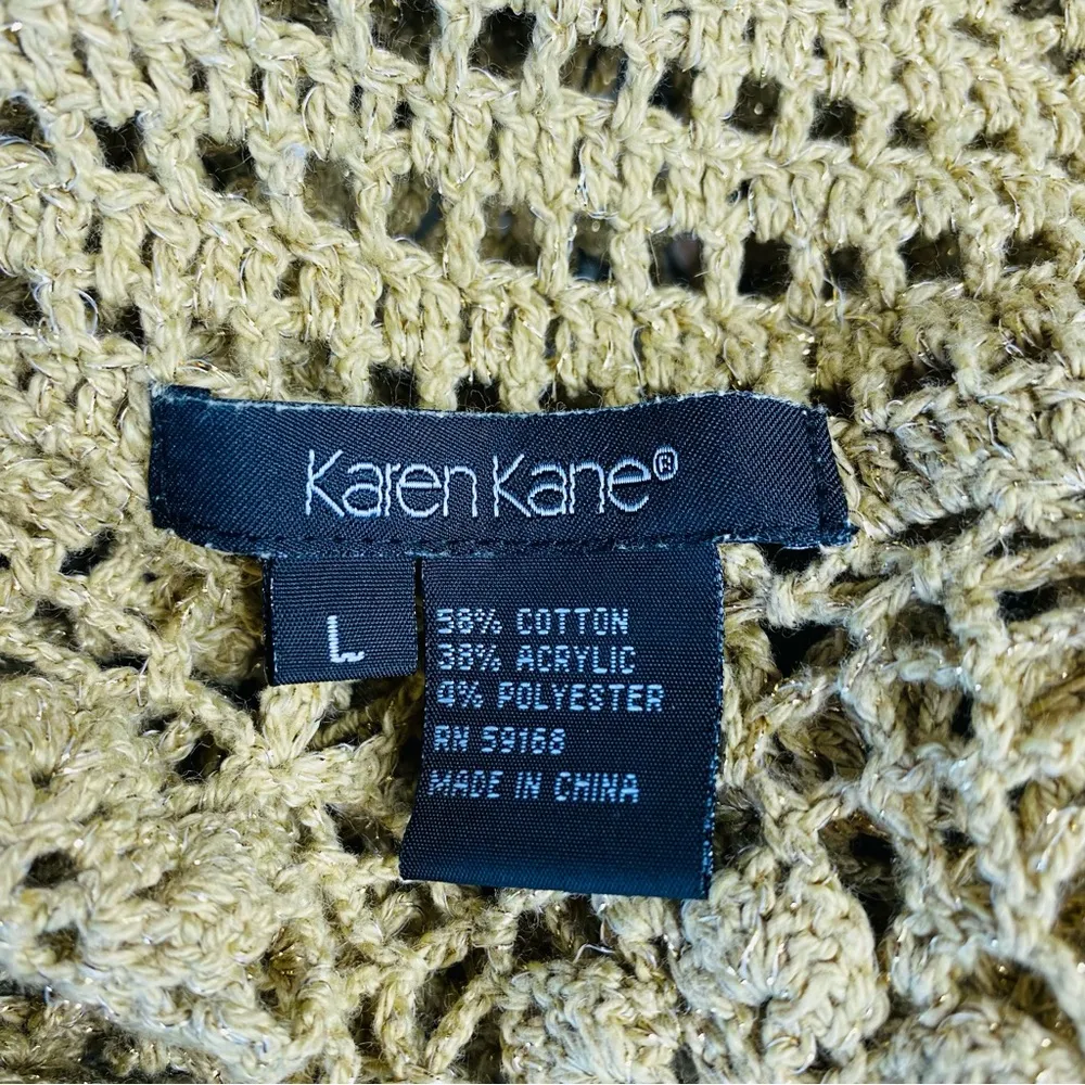 Karen Kane  Tan Gold Metallic Long Hippie Y2K Crochet Ruffle Open Cardigan - Image 2