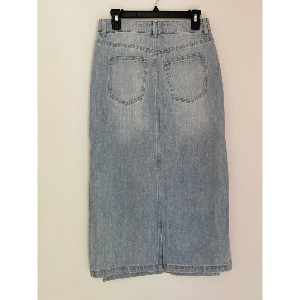 Rebecca Minkoff 100% Cotton Midi Denim Jean Skirt Rhinestone Crystal Light Wash - Image 8