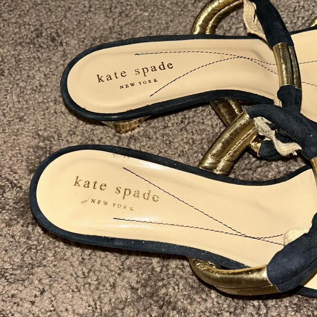 Kate Spade leather navy & gold slip on sandals kitten heels - Image 5