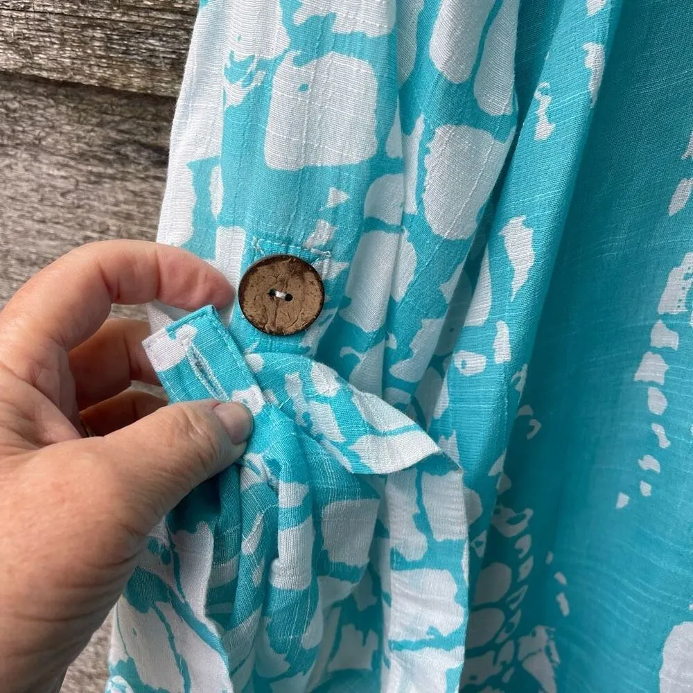 Pleasant Shade size XL semi sheer shark bite 3/4 roll up sleeves top. Beach tro Blue - Image 7