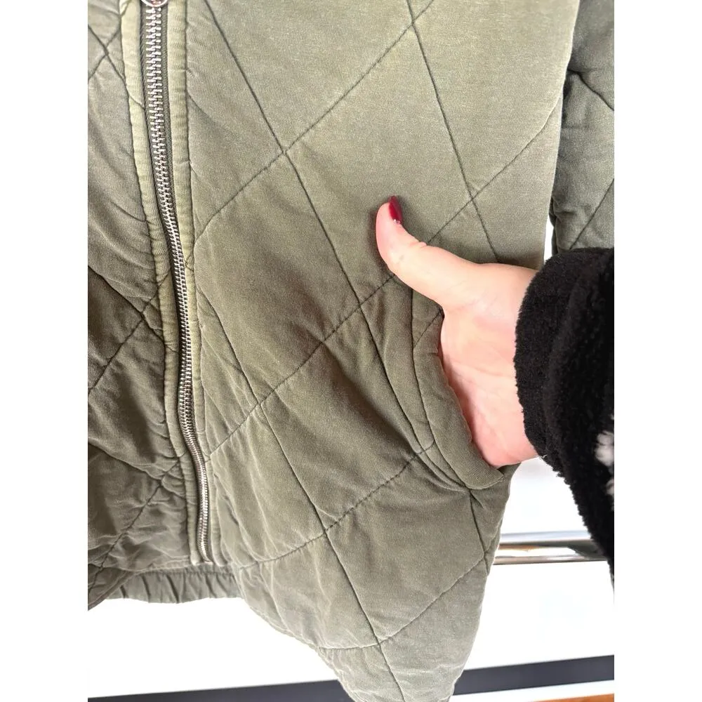 Quilted Olive Sage Green Jacket Moto Bomber Cozy Camping Oversized Womens XS - Image 5