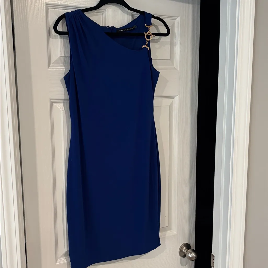 Size 6 ivanka trump royal blue mini dress with gold shoulder detail - Image 2