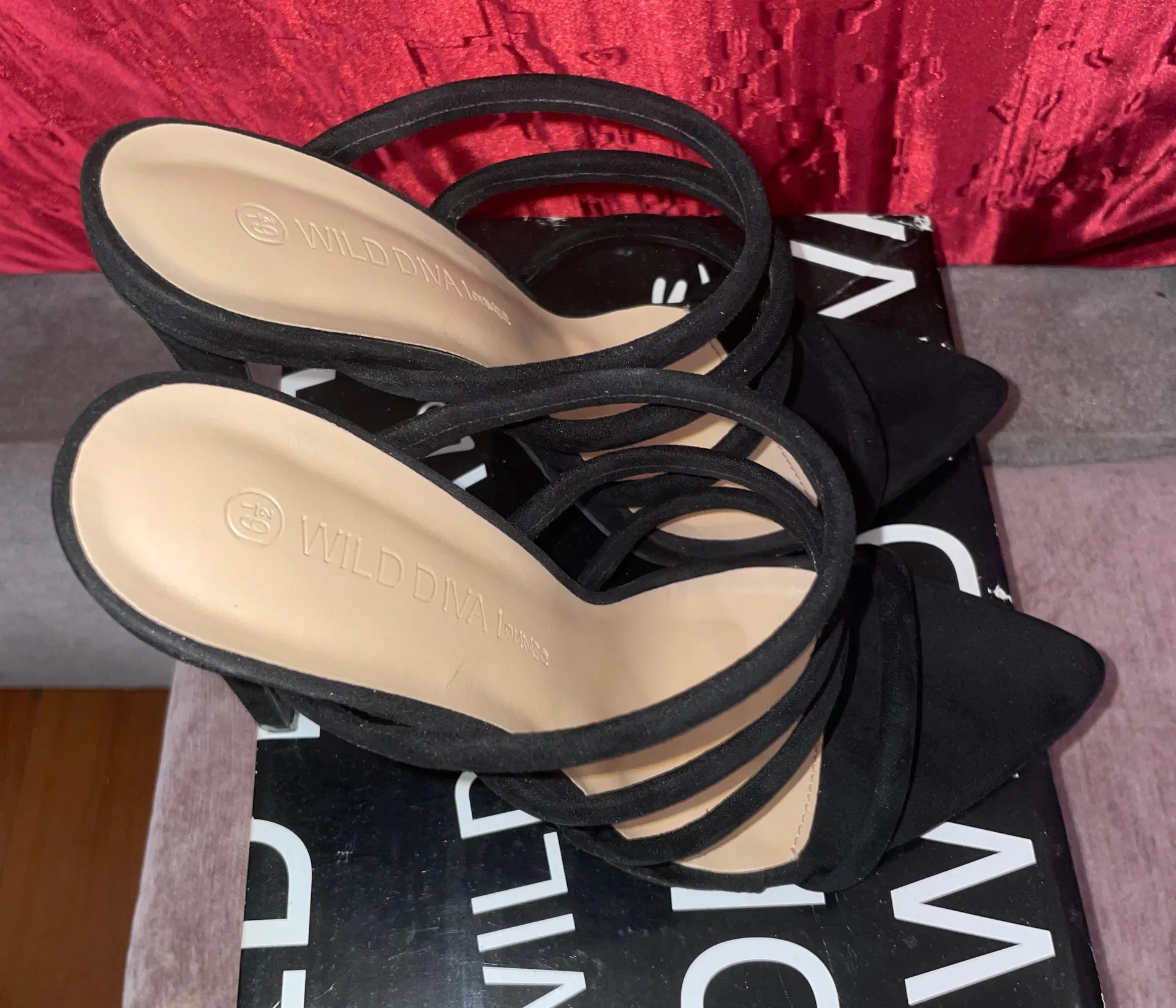 Black Strapped Suede Velvet Heels Size 6.5  - Image 3