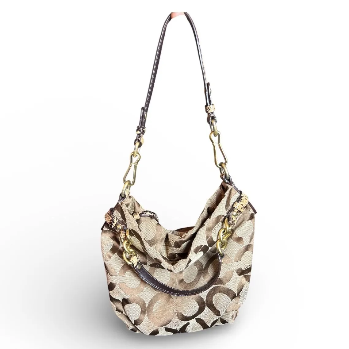 Coach Op Art Hobo Shoulder Bag Brown Gold Snakeskin Y2K Slouchy Canvas  15027 - Image 2