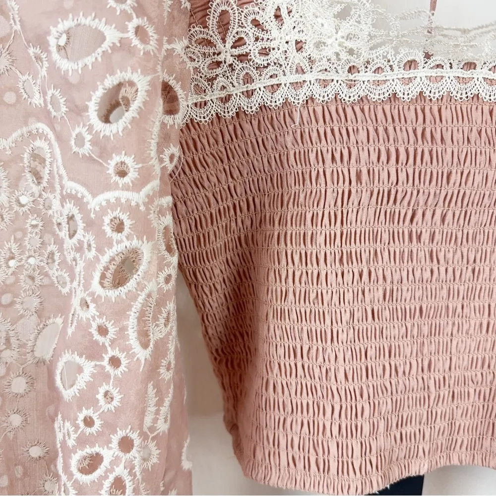 Elliatt NWT Stippling Long Sleeve Smocked Eyelet Lace Top in Blush Size S - Image 5