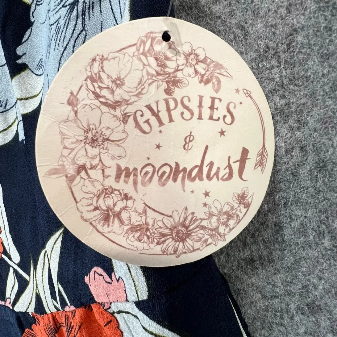 Gypsies & Moondust Jumpsuit XL Navy Blue Floral Lace Up Wide Leg Tropical Boho - Image 13